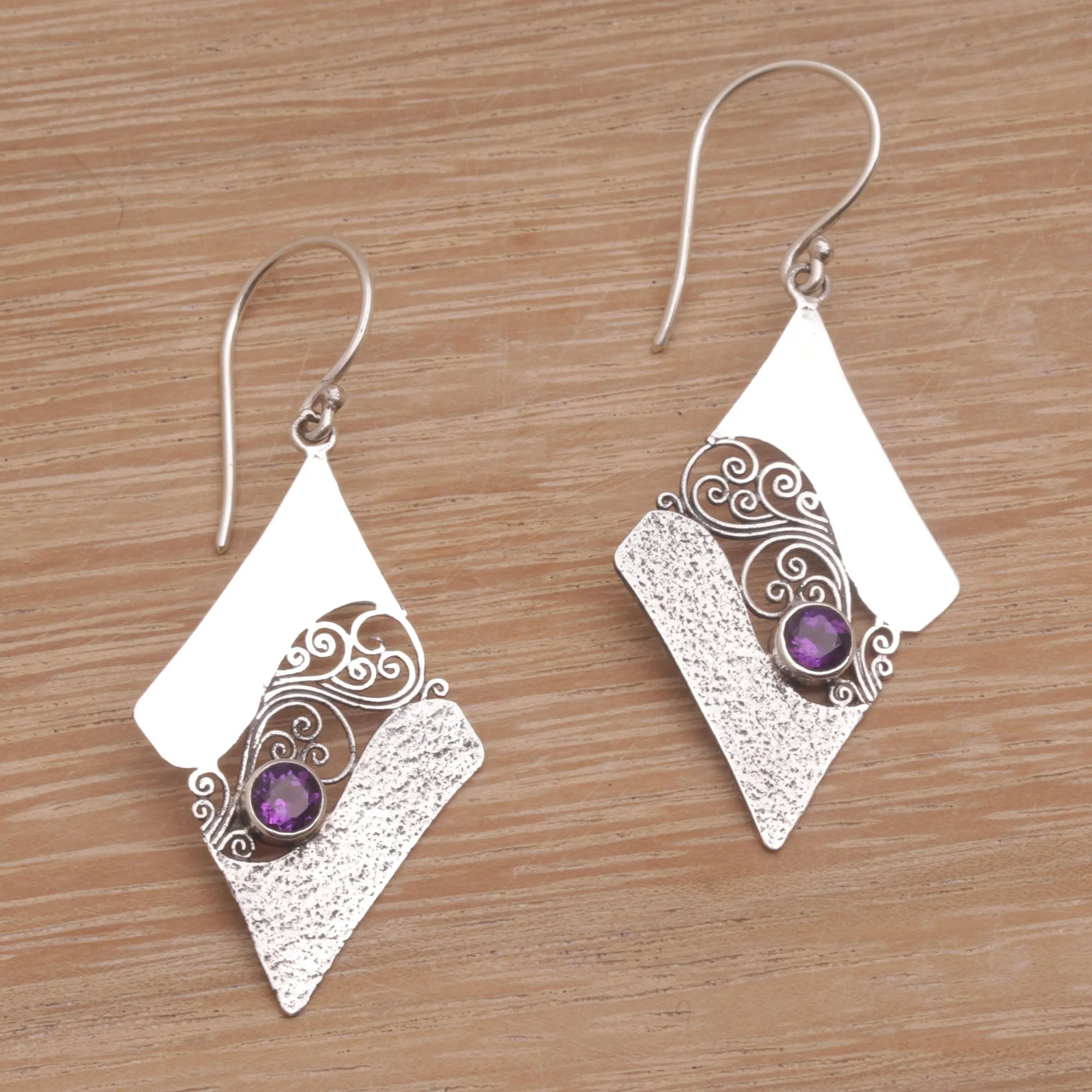 Amethyst Whirl Artisan Crafted Sterling Silver Amethyst Dangle Earrings