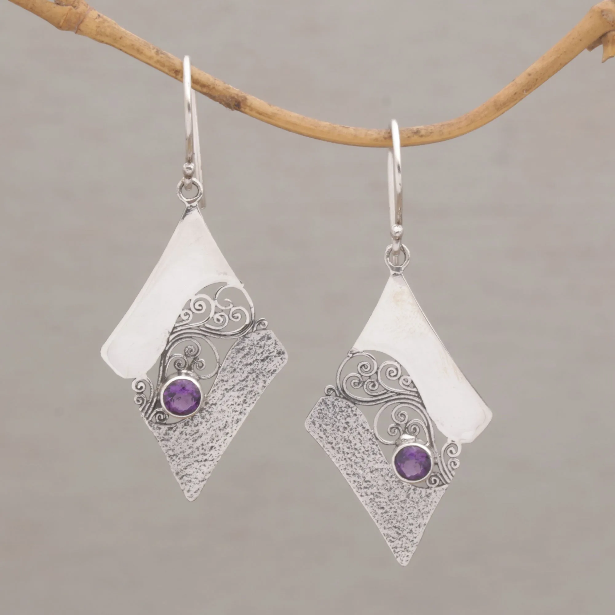 Amethyst Whirl Artisan Crafted Sterling Silver Amethyst Dangle Earrings