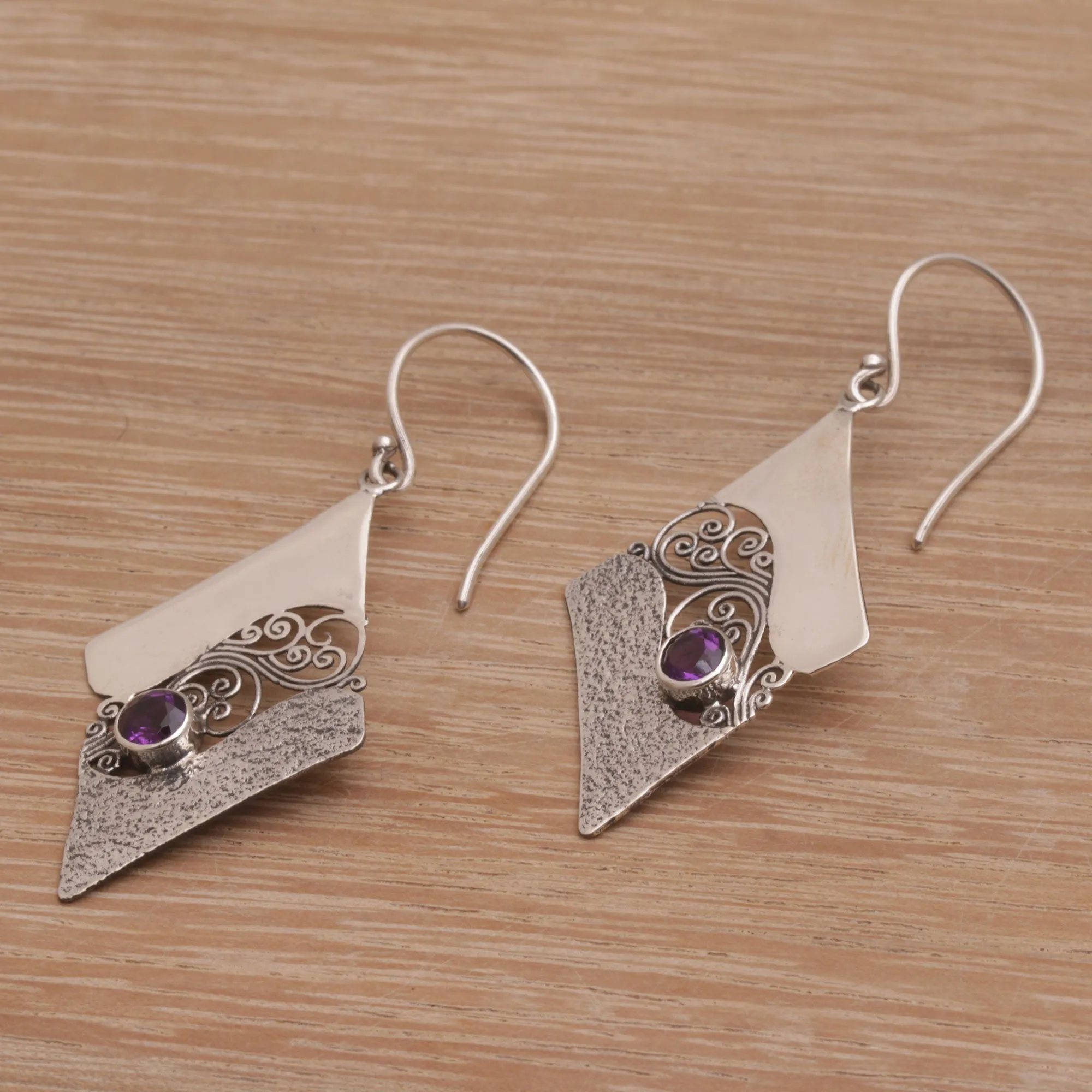 Amethyst Whirl Artisan Crafted Sterling Silver Amethyst Dangle Earrings