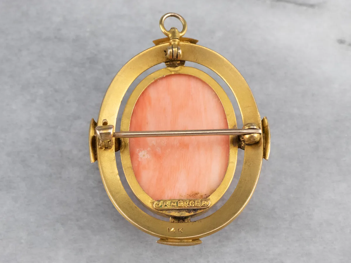 Antique Pink Coral Cameo Pin or Pendant