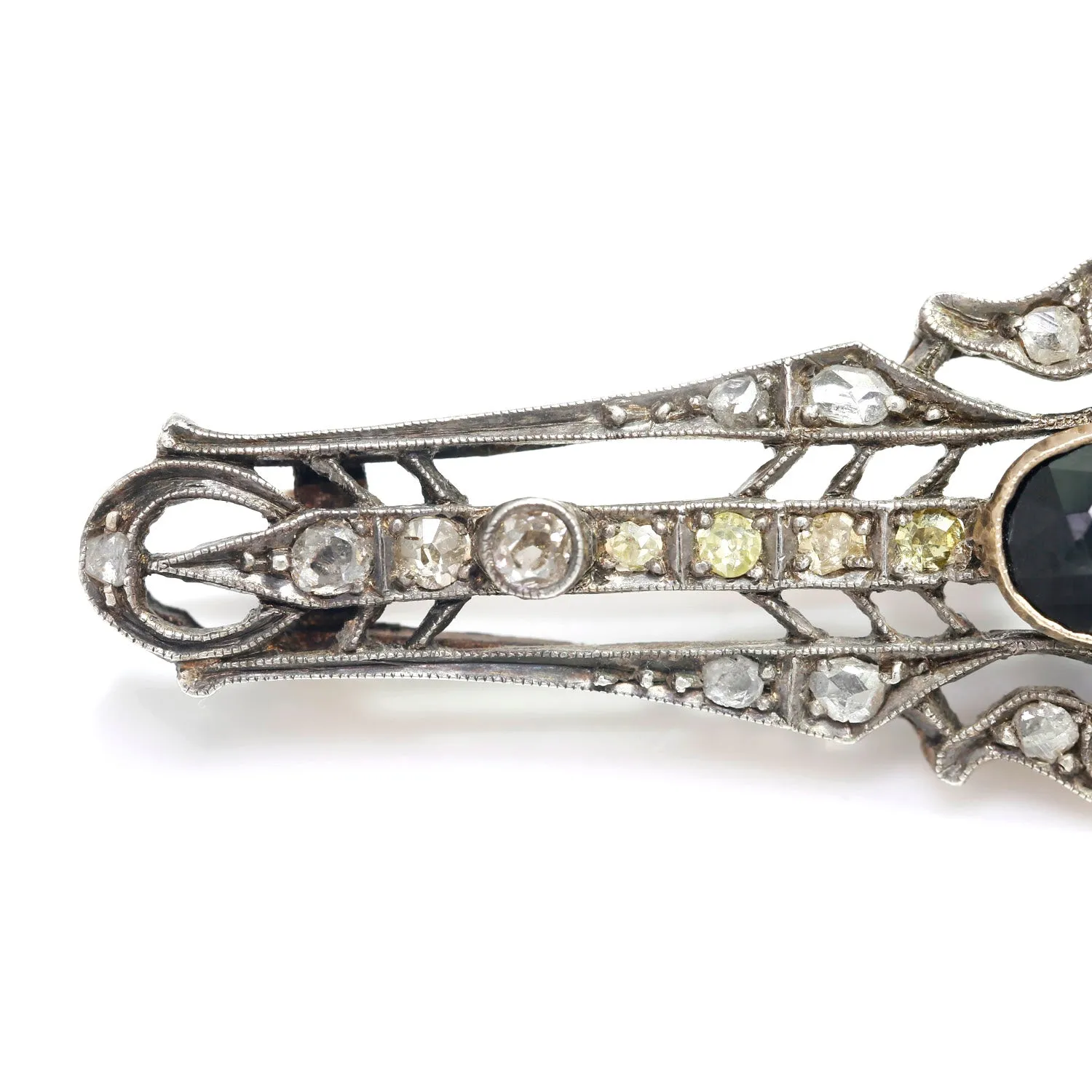 Antique Sapphire & Diamond Open Filigree Brooch Pin 925 14K