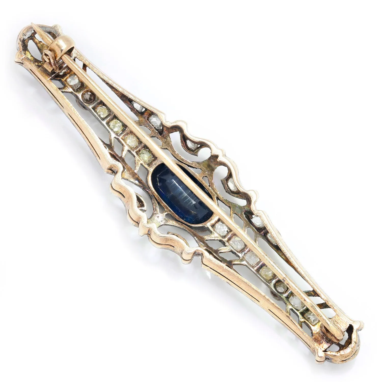 Antique Sapphire & Diamond Open Filigree Brooch Pin 925 14K