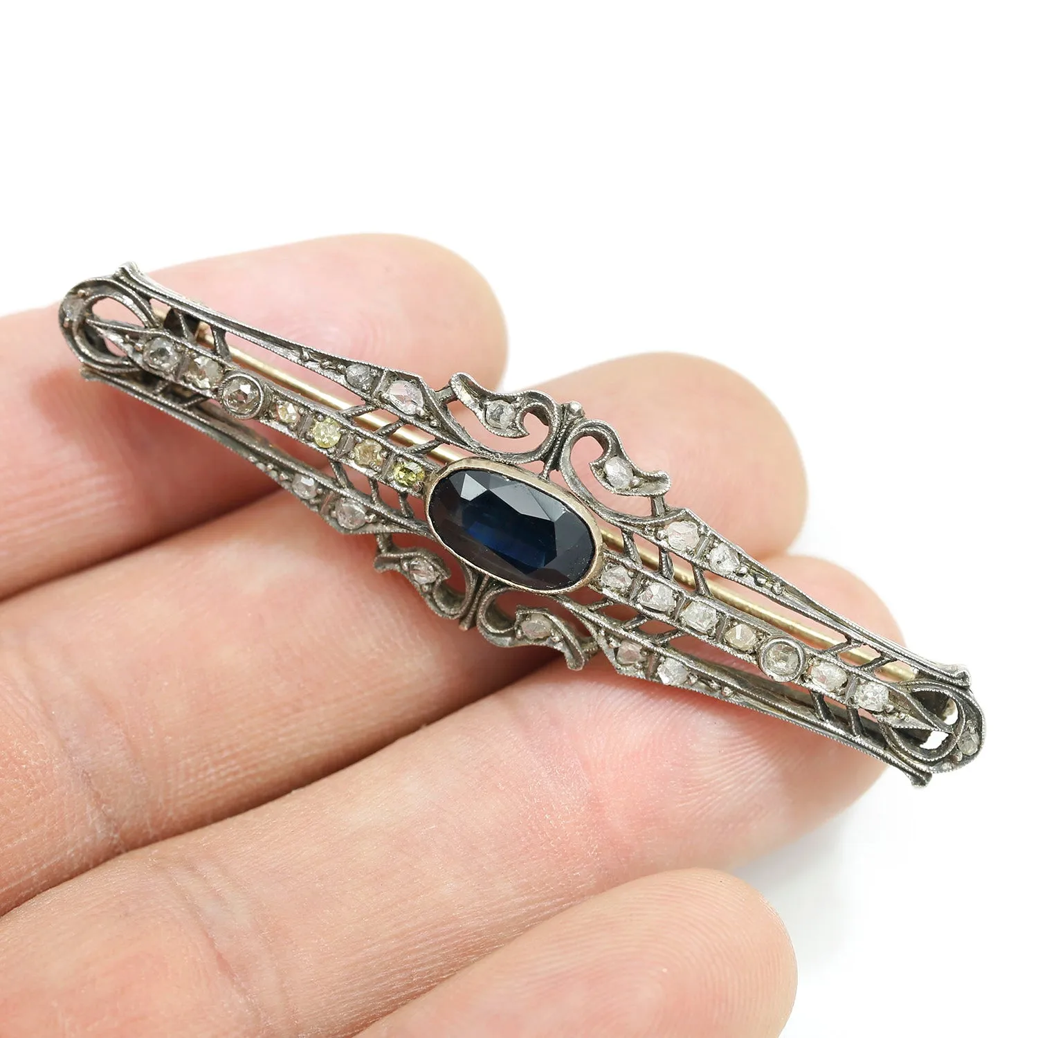 Antique Sapphire & Diamond Open Filigree Brooch Pin 925 14K