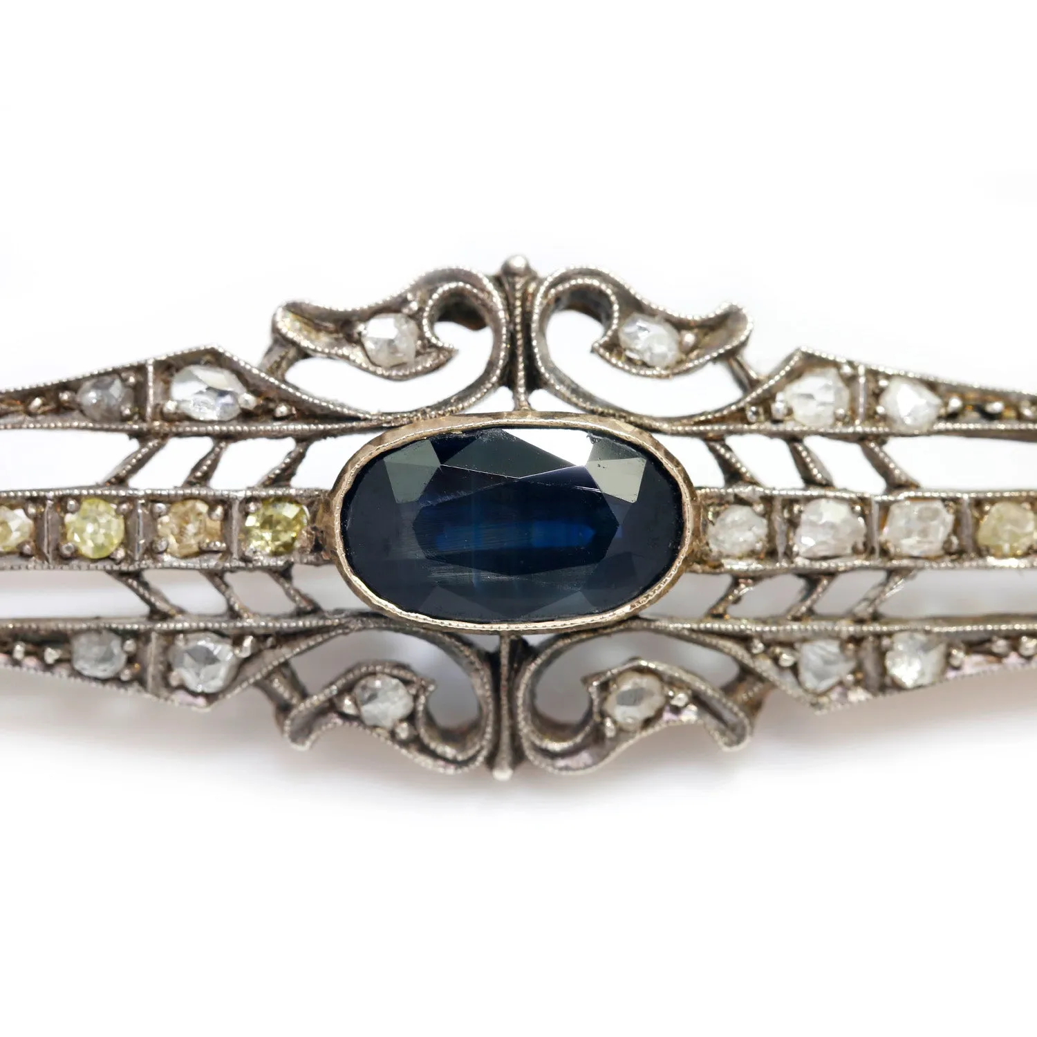 Antique Sapphire & Diamond Open Filigree Brooch Pin 925 14K