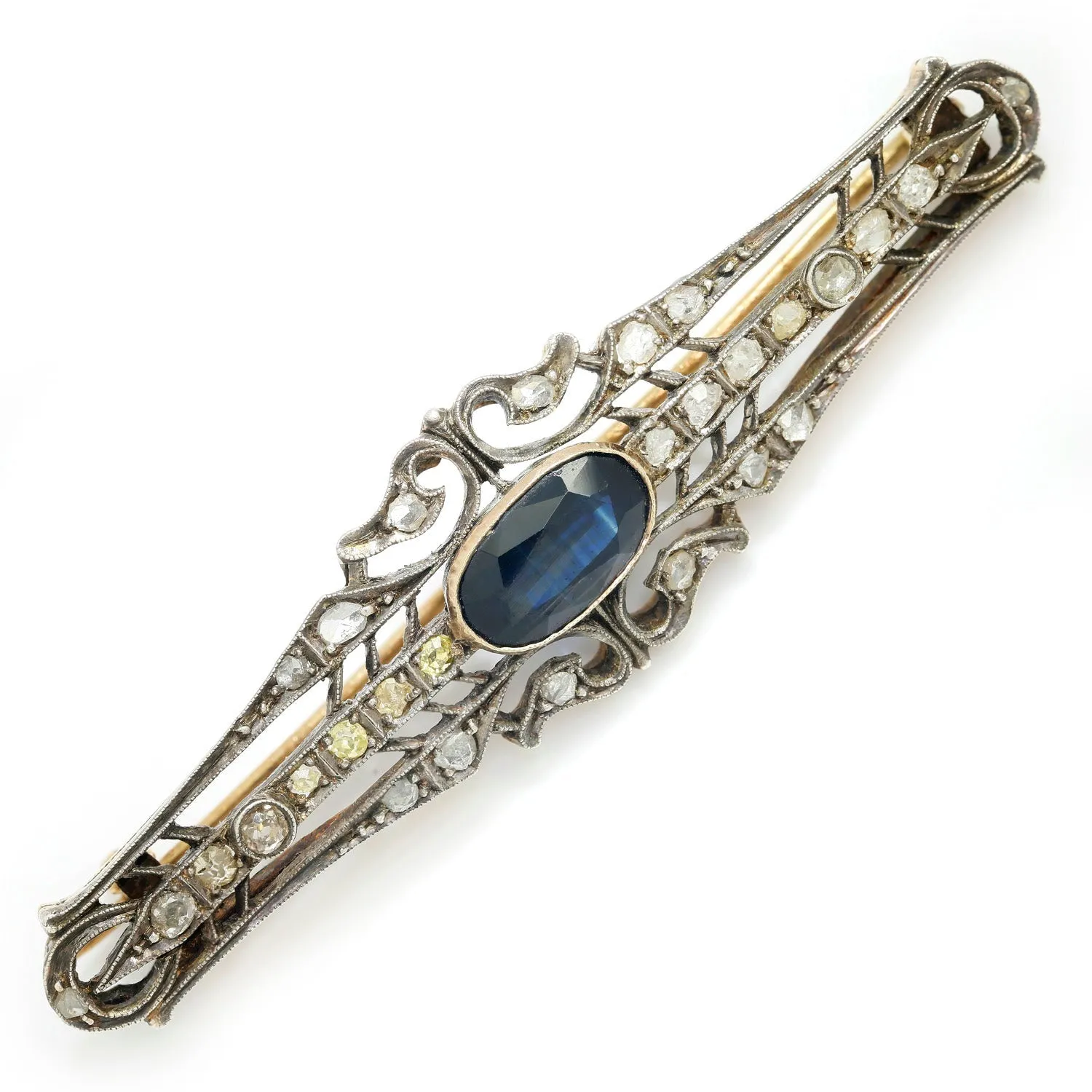 Antique Sapphire & Diamond Open Filigree Brooch Pin 925 14K