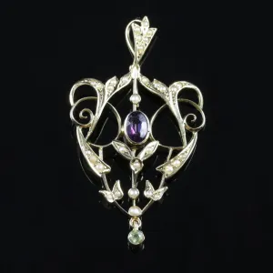 Antique Victorian Suffragette Pendant 9Ct Gold Amethyst Peridot Pearl