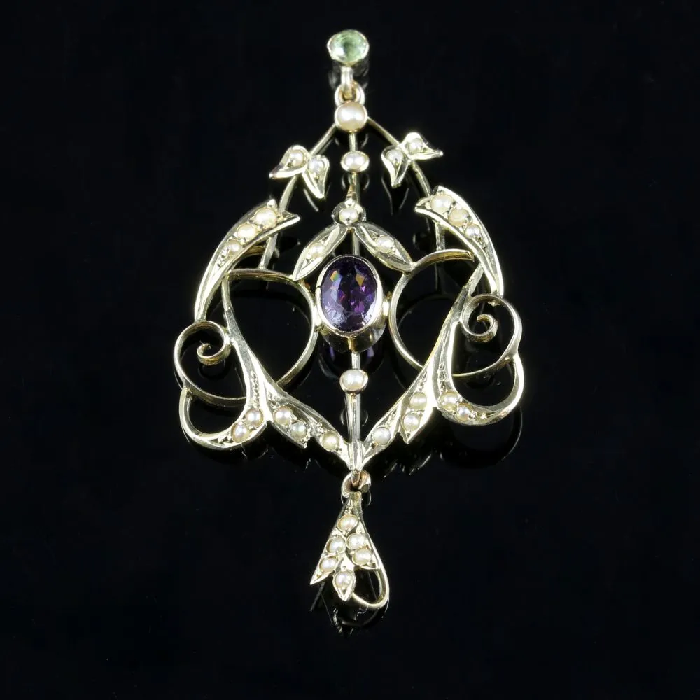 Antique Victorian Suffragette Pendant 9Ct Gold Amethyst Peridot Pearl