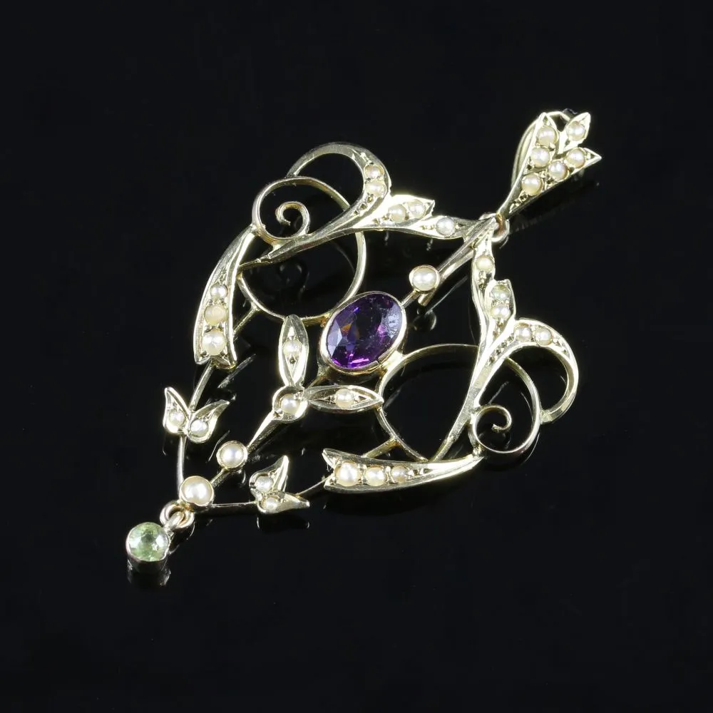 Antique Victorian Suffragette Pendant 9Ct Gold Amethyst Peridot Pearl