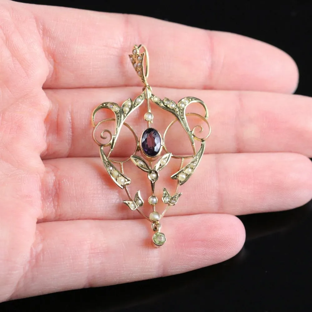 Antique Victorian Suffragette Pendant 9Ct Gold Amethyst Peridot Pearl