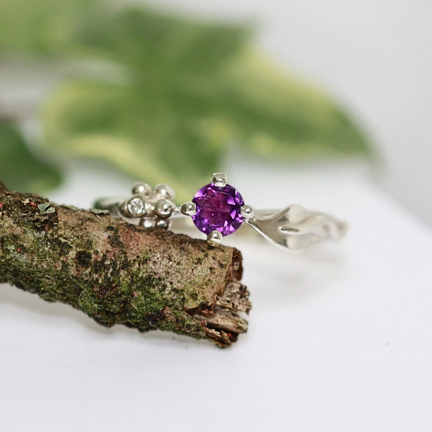 Ariel Silver Leaf Ring, Gemstone and Diamond Leaf Ring, Nature Inspired Ring