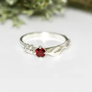 Ariel Silver Leaf Ring, Gemstone and Diamond Leaf Ring, Nature Inspired Ring