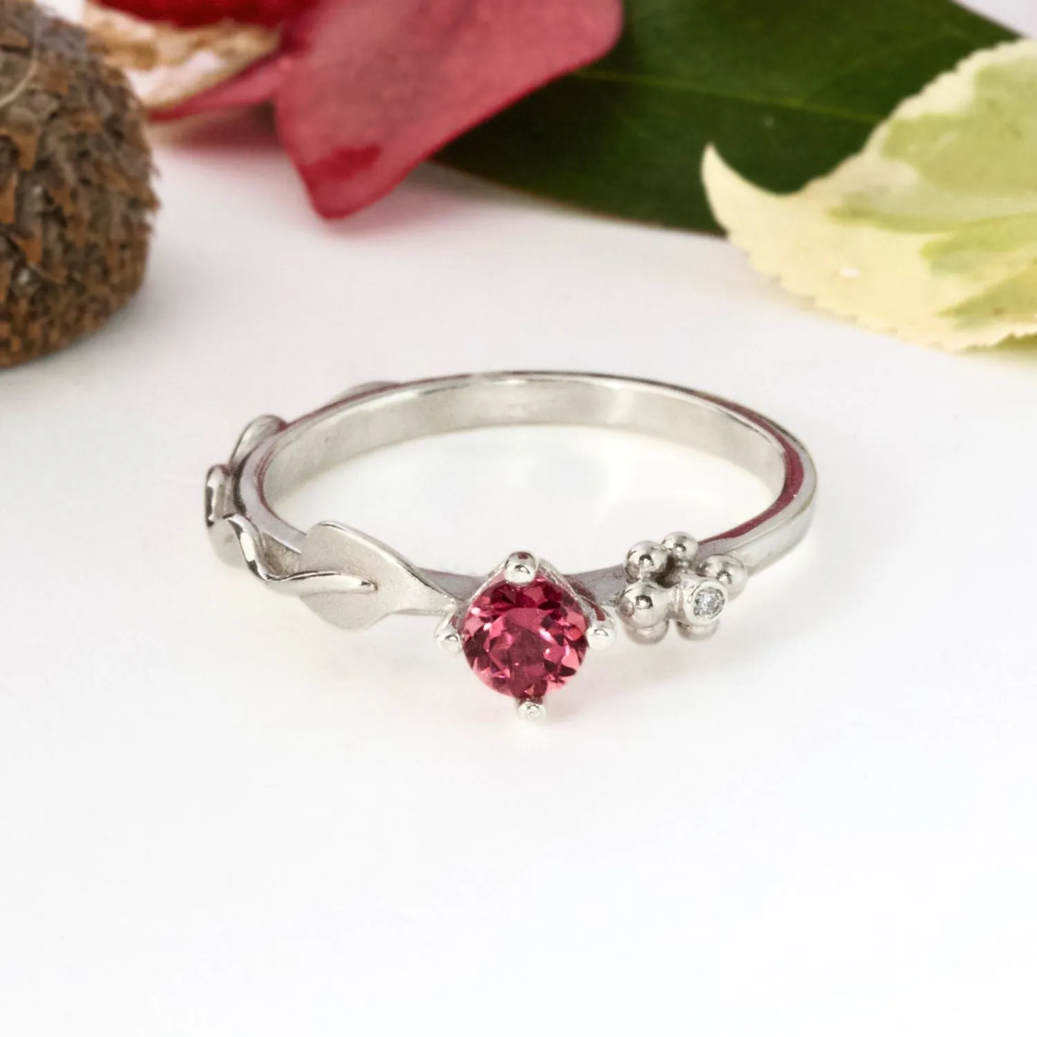 Ariel Silver Leaf Ring, Gemstone and Diamond Leaf Ring, Nature Inspired Ring