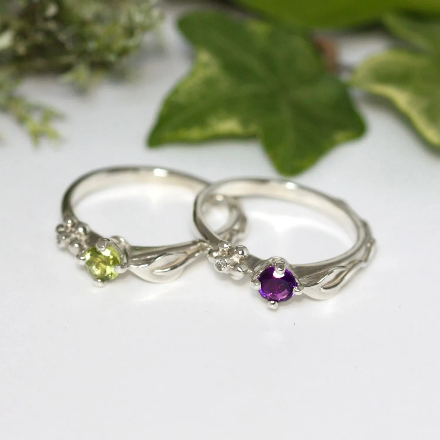 Ariel Silver Leaf Ring, Gemstone and Diamond Leaf Ring, Nature Inspired Ring