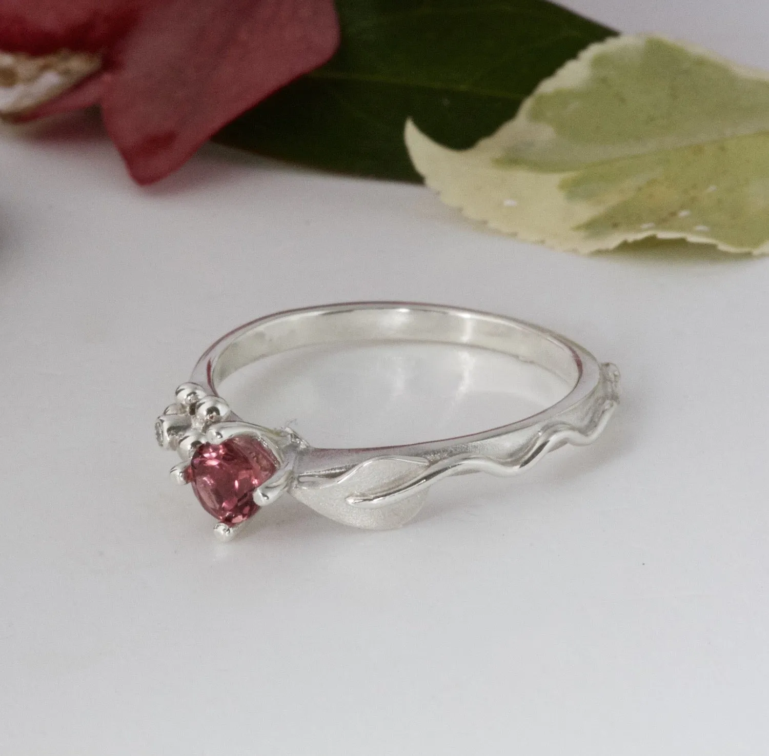 Ariel Silver Leaf Ring, Gemstone and Diamond Leaf Ring, Nature Inspired Ring