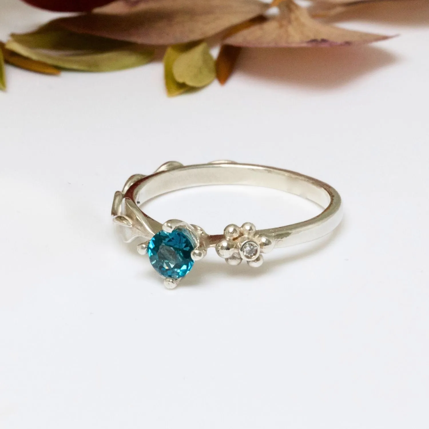 Ariel Silver Leaf Ring, Gemstone and Diamond Leaf Ring, Nature Inspired Ring