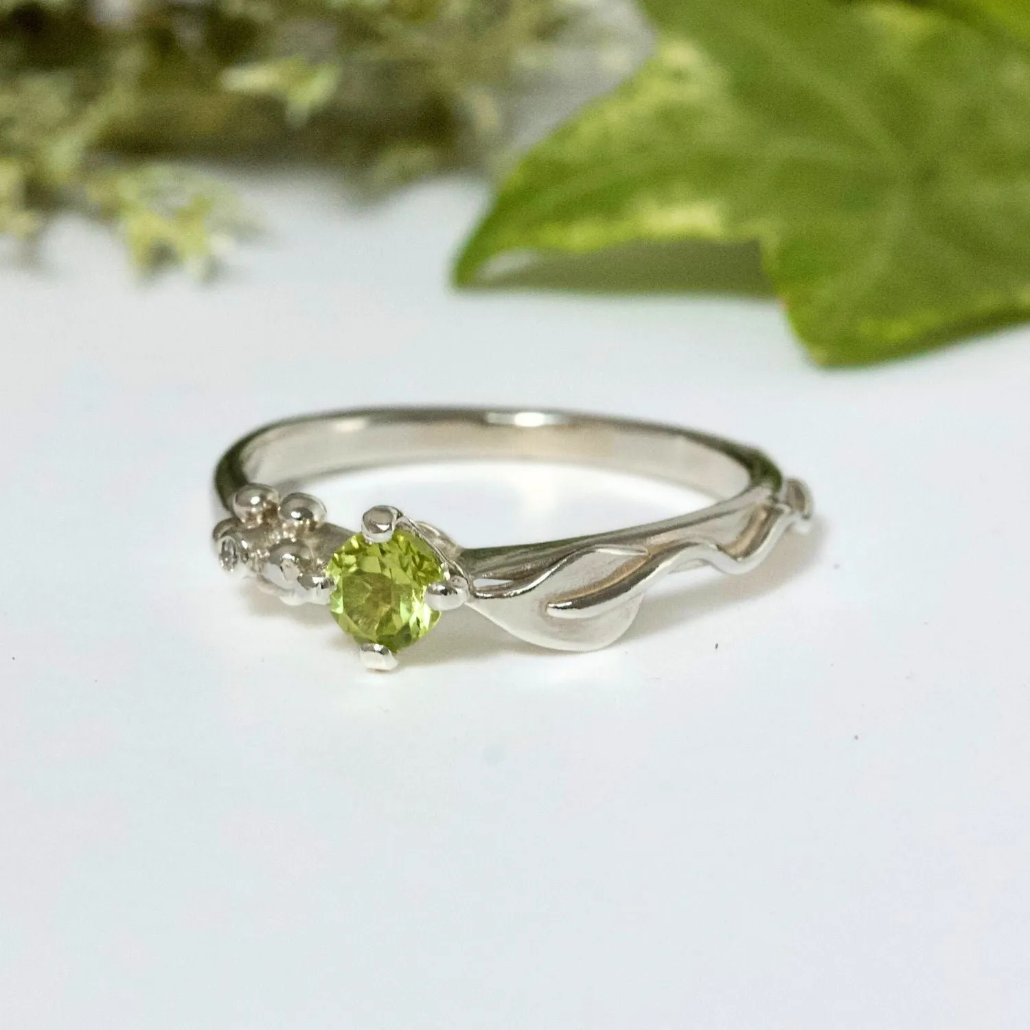 Ariel Silver Leaf Ring, Gemstone and Diamond Leaf Ring, Nature Inspired Ring