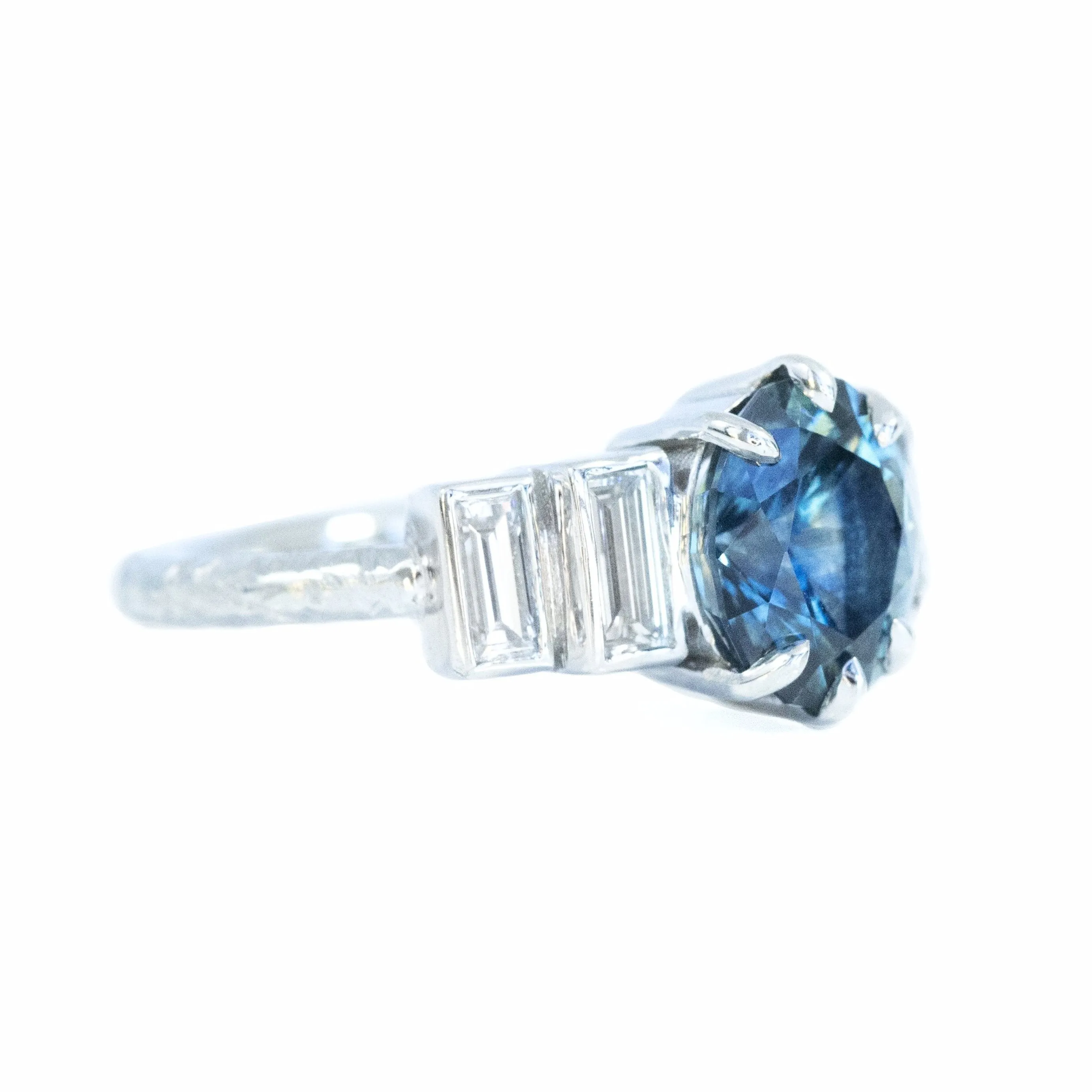 Art Deco 2.69ct Oval Montana Sapphire and Baguette Diamond Ring in Platinum