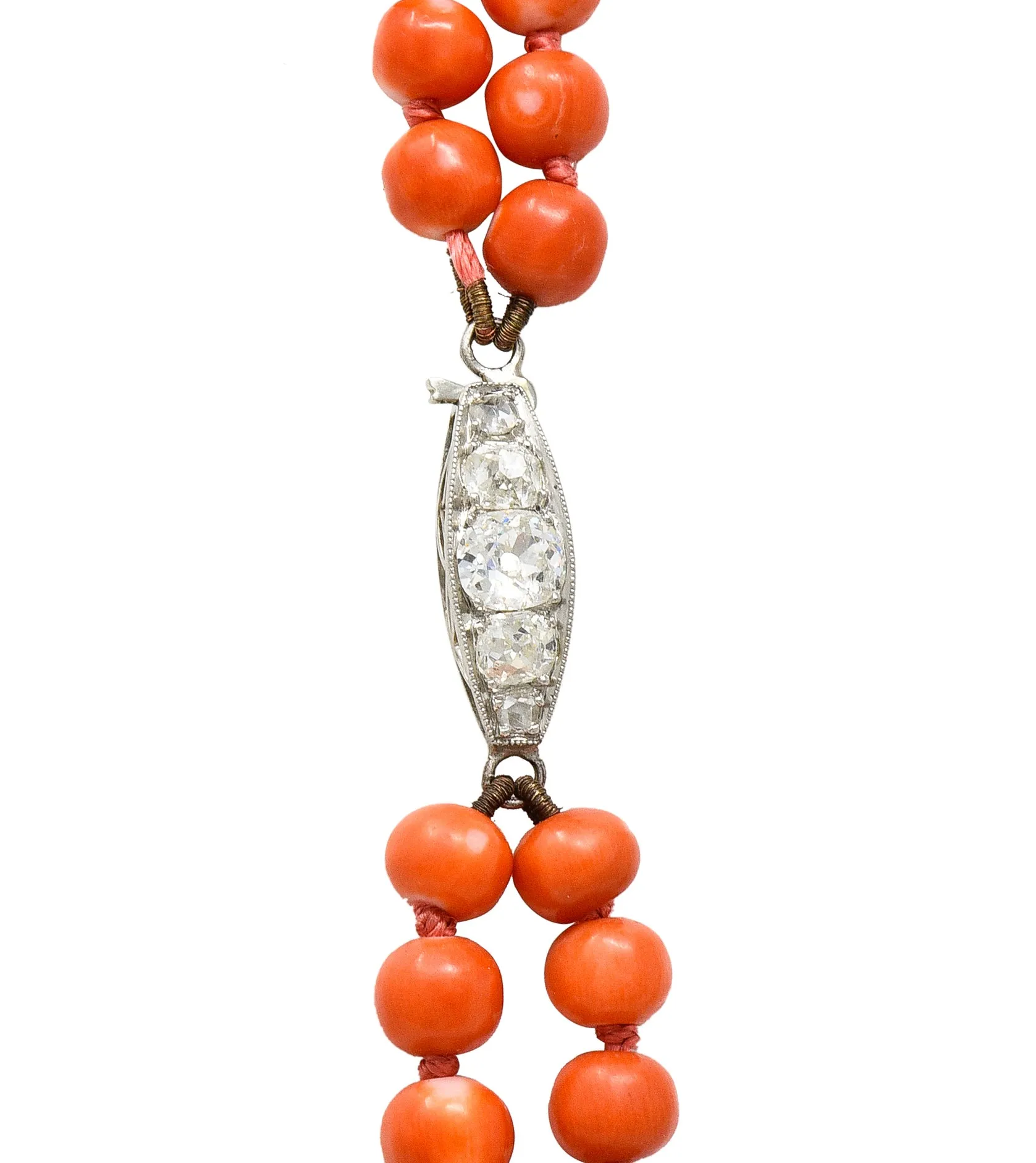 Art Deco Old Mine Diamond Coral Platinum Layered Bead Multi Strand Necklace