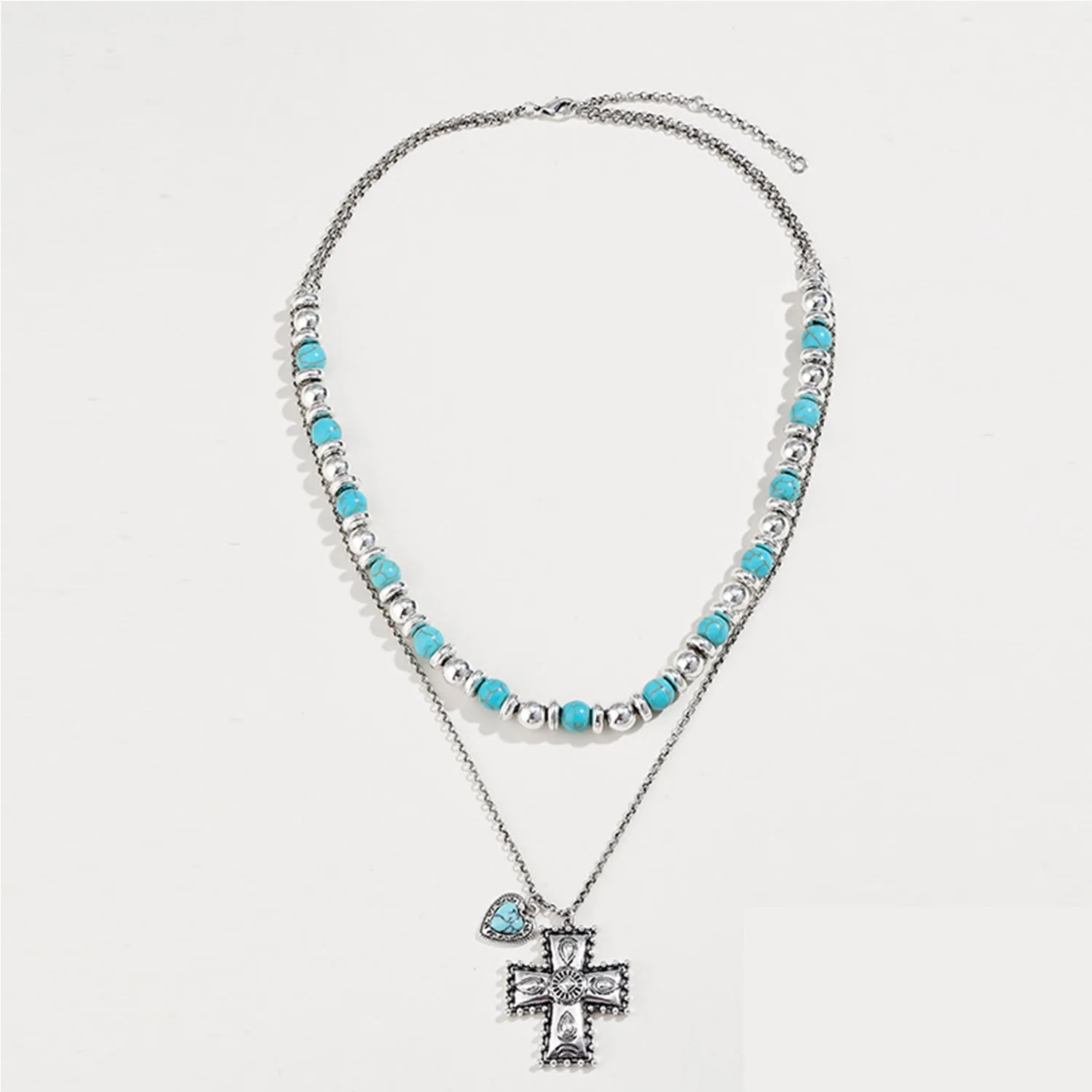 Artificial Turquoise Beaded Double-Layered Cross Necklace