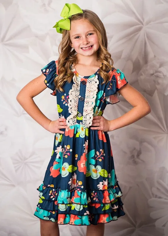 AS107 - GIRLS NAVY FLORAL DRESS