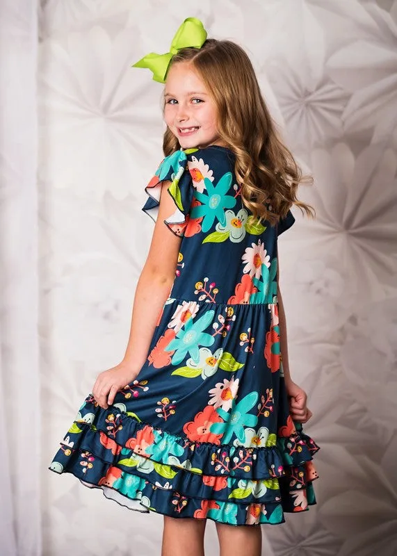 AS107 - GIRLS NAVY FLORAL DRESS