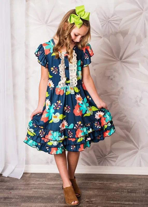 AS107 - GIRLS NAVY FLORAL DRESS