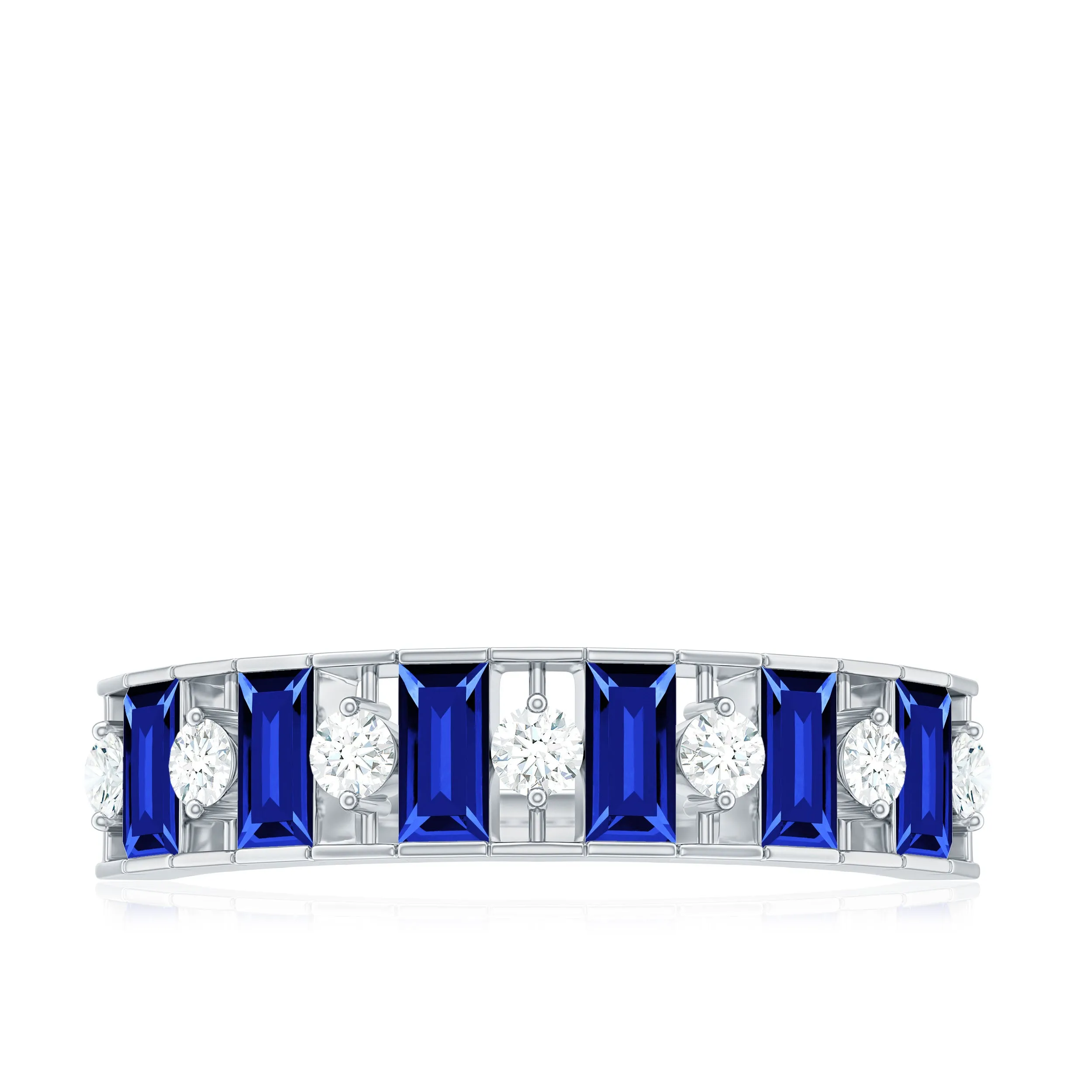 Baguette Cut Created Blue Sapphire Classic Half Eternity Ring with Diamond