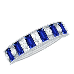 Baguette Cut Created Blue Sapphire Classic Half Eternity Ring with Diamond