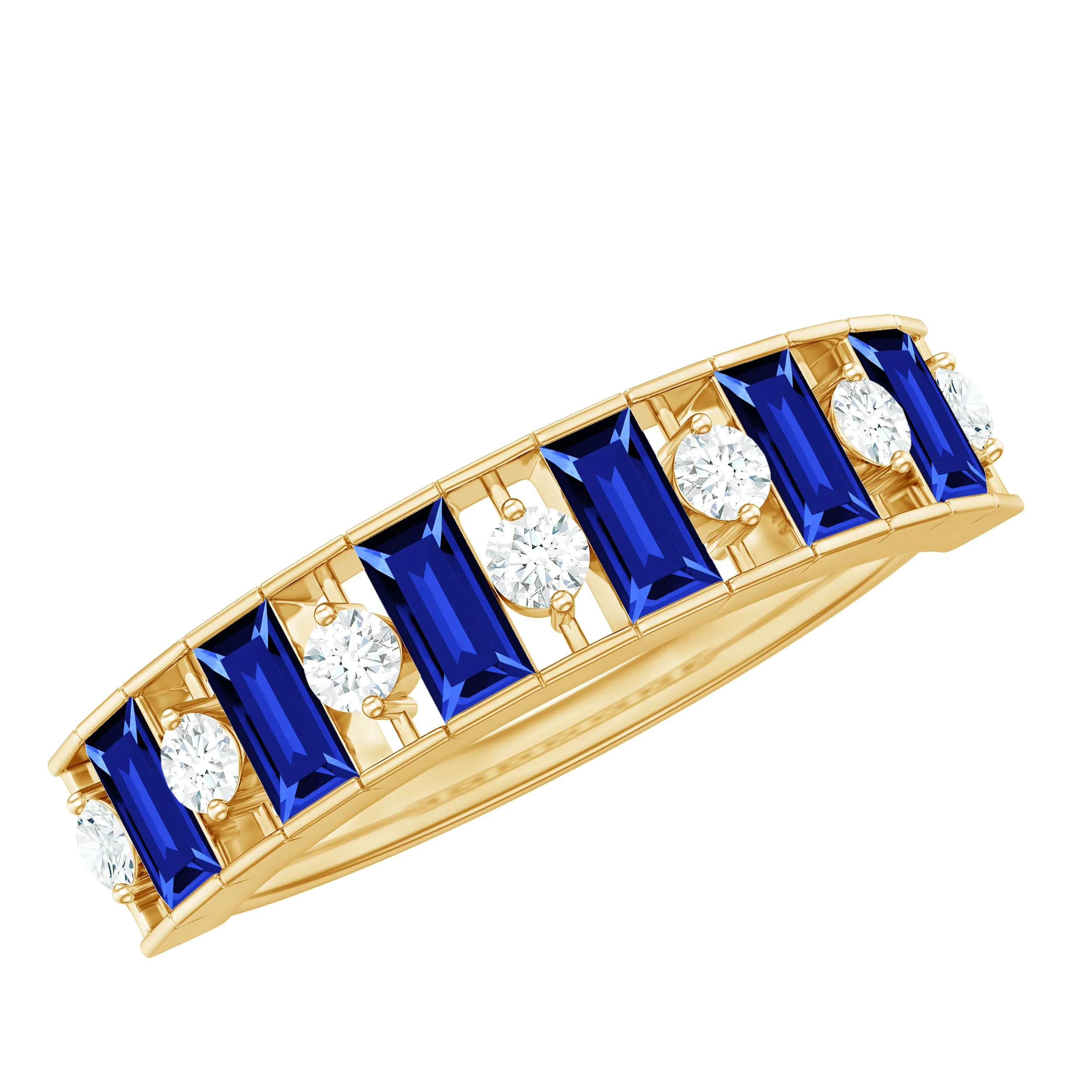 Baguette Cut Created Blue Sapphire Classic Half Eternity Ring with Diamond