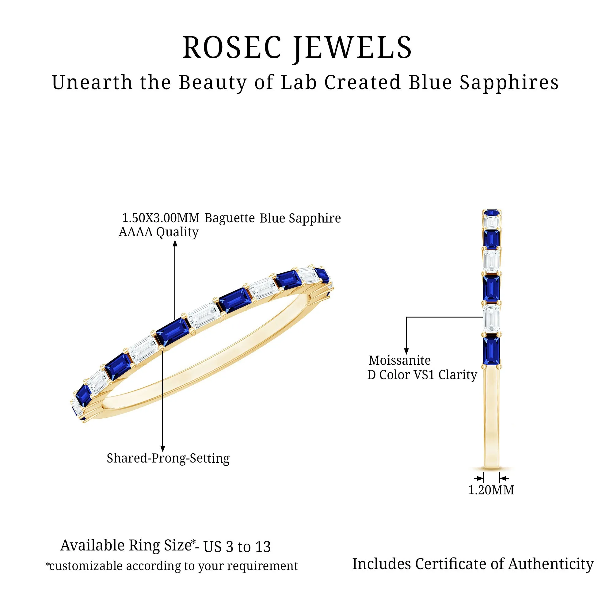 Baguette Cut Lab Created Blue Sapphire and Moissanite Stackable Ring