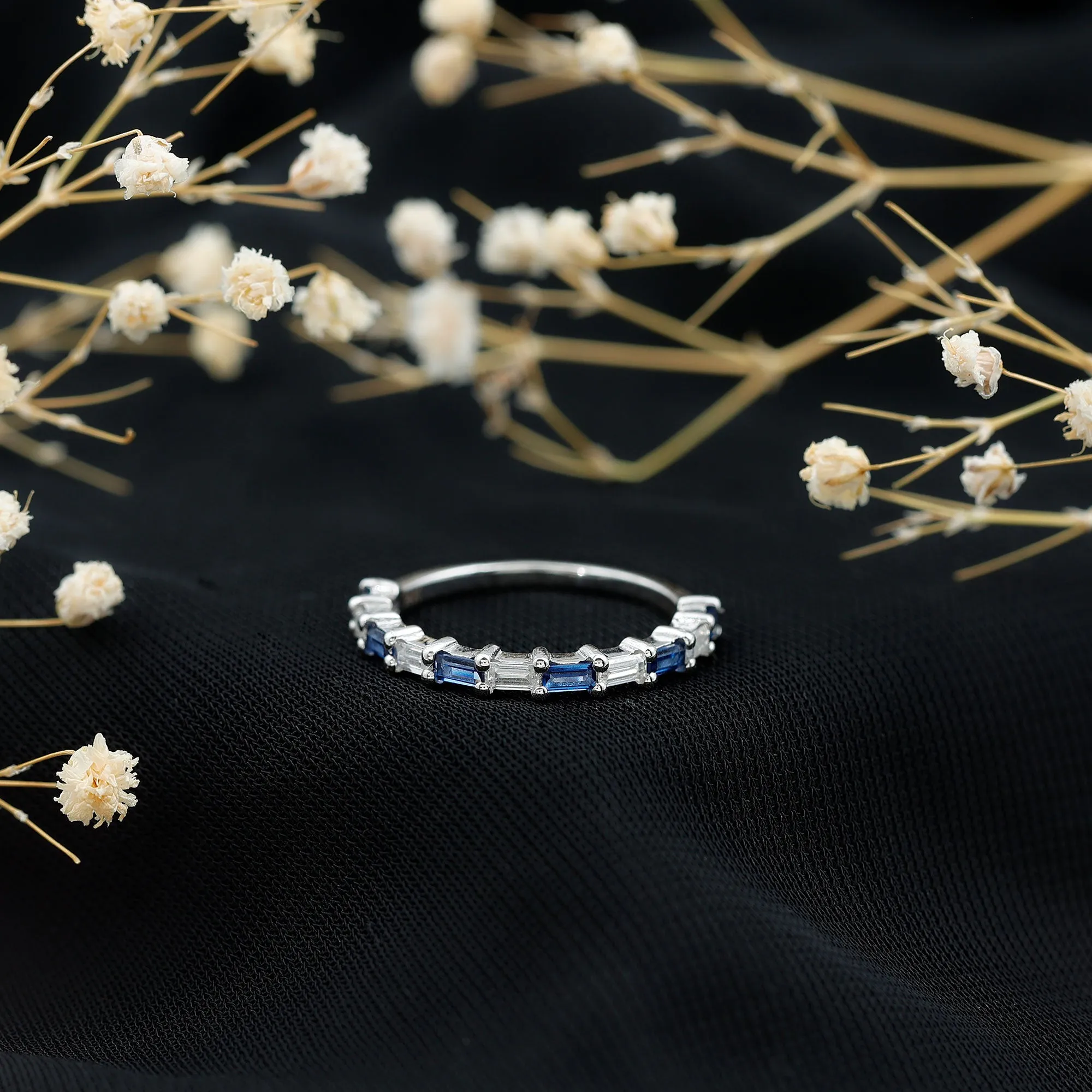 Baguette Cut Lab Created Blue Sapphire and Moissanite Stackable Ring