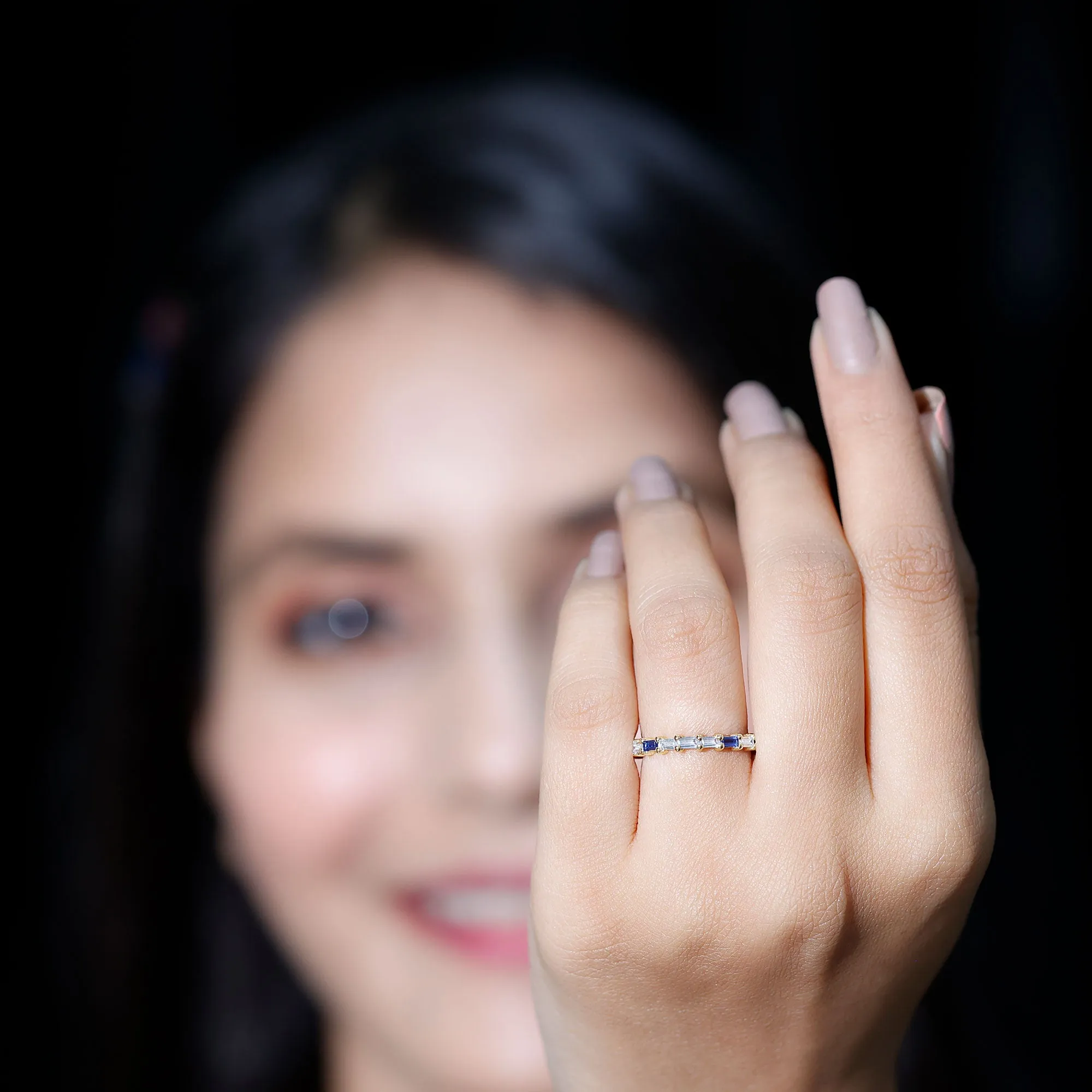 Baguette Cut Lab Created Blue Sapphire and Moissanite Stackable Ring