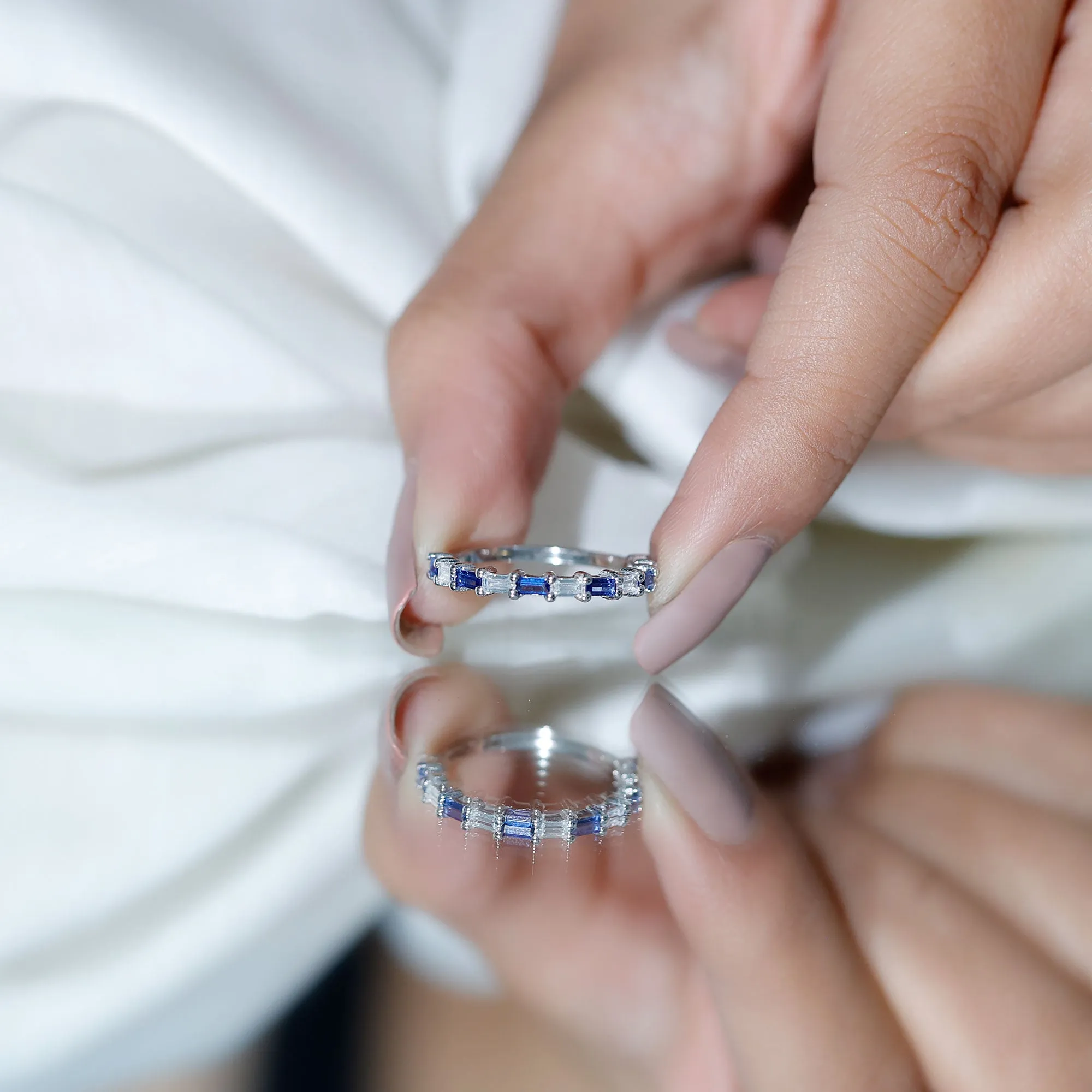 Baguette Cut Lab Created Blue Sapphire and Moissanite Stackable Ring