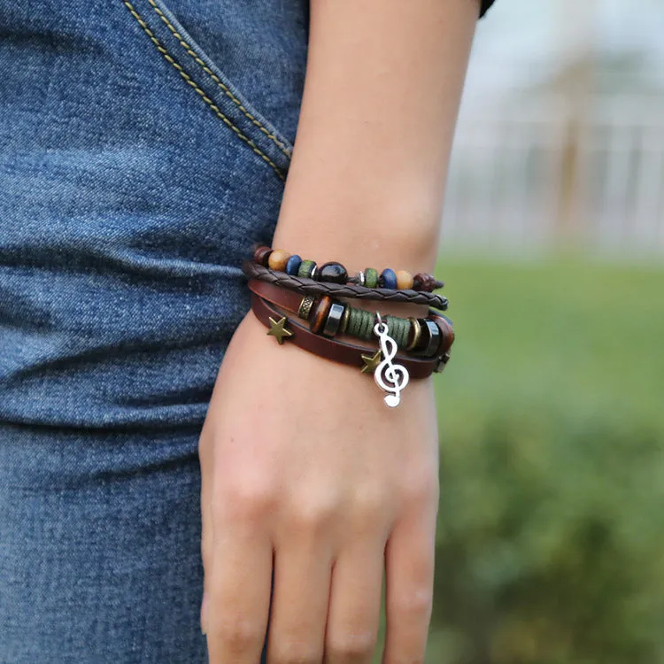 Beaded Genuine Leather Retro Bracelet Alloy Note Cattle Leather Bracelet