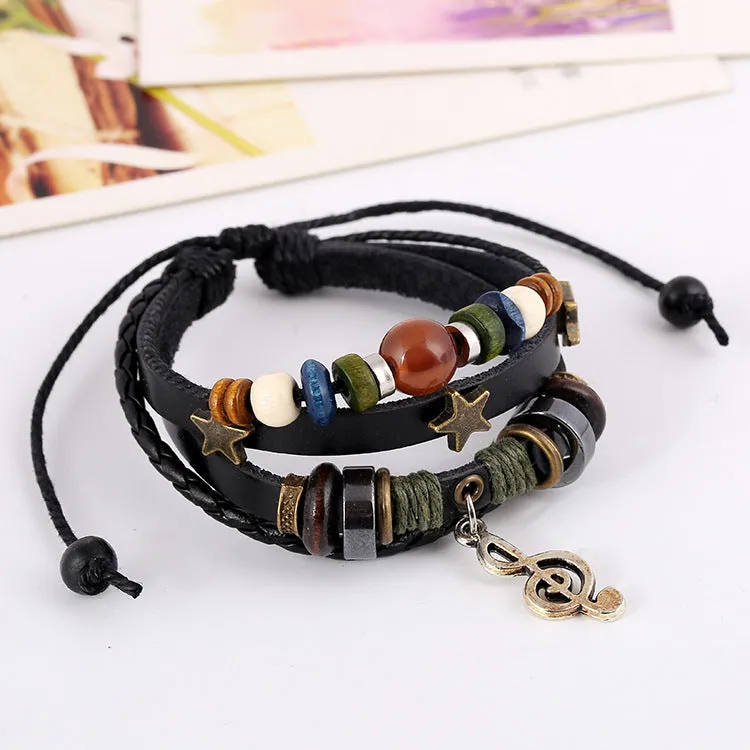 Beaded Genuine Leather Retro Bracelet Alloy Note Cattle Leather Bracelet