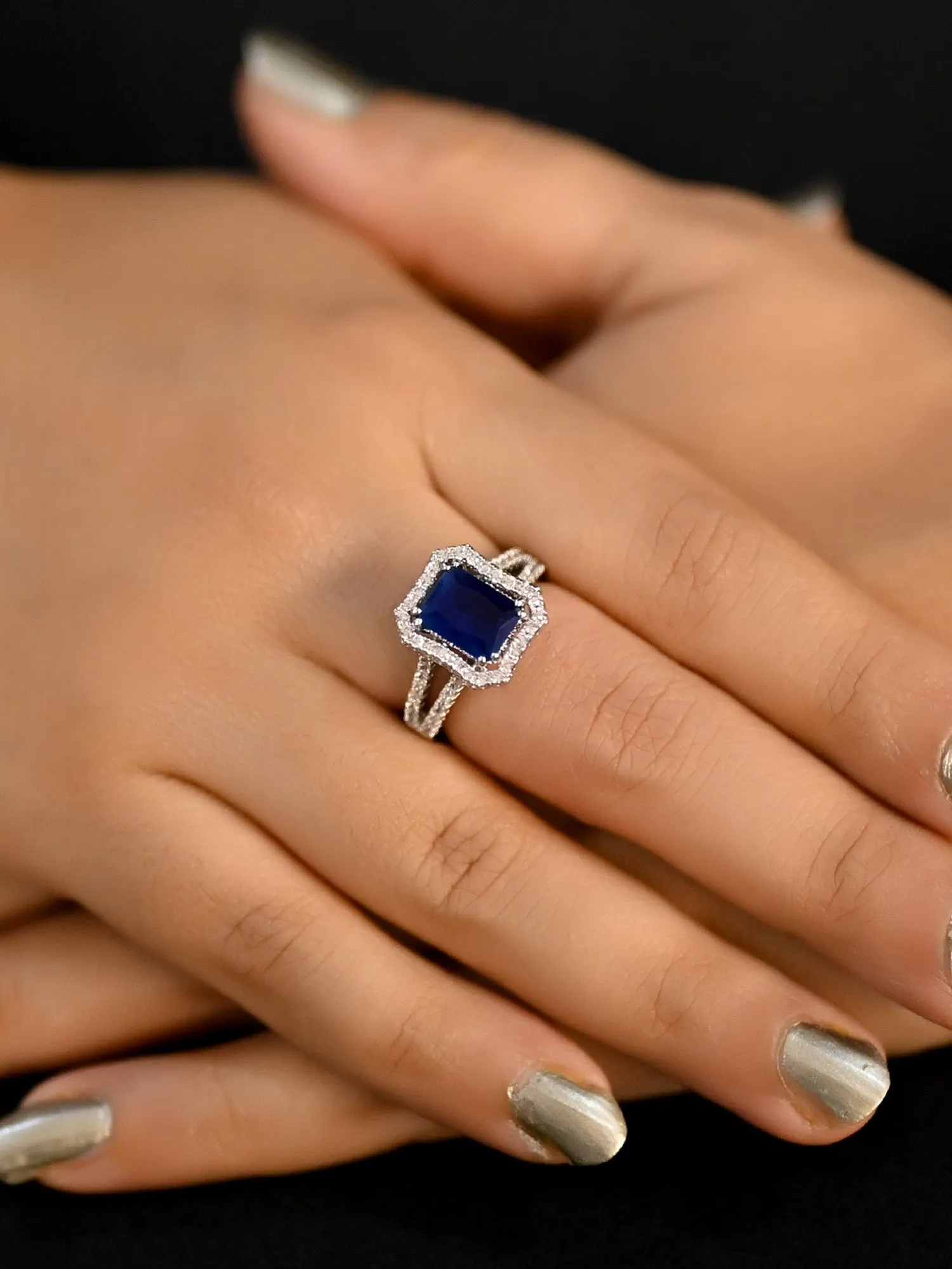 Bhavini Navy Blue American Diamond Finger Ring