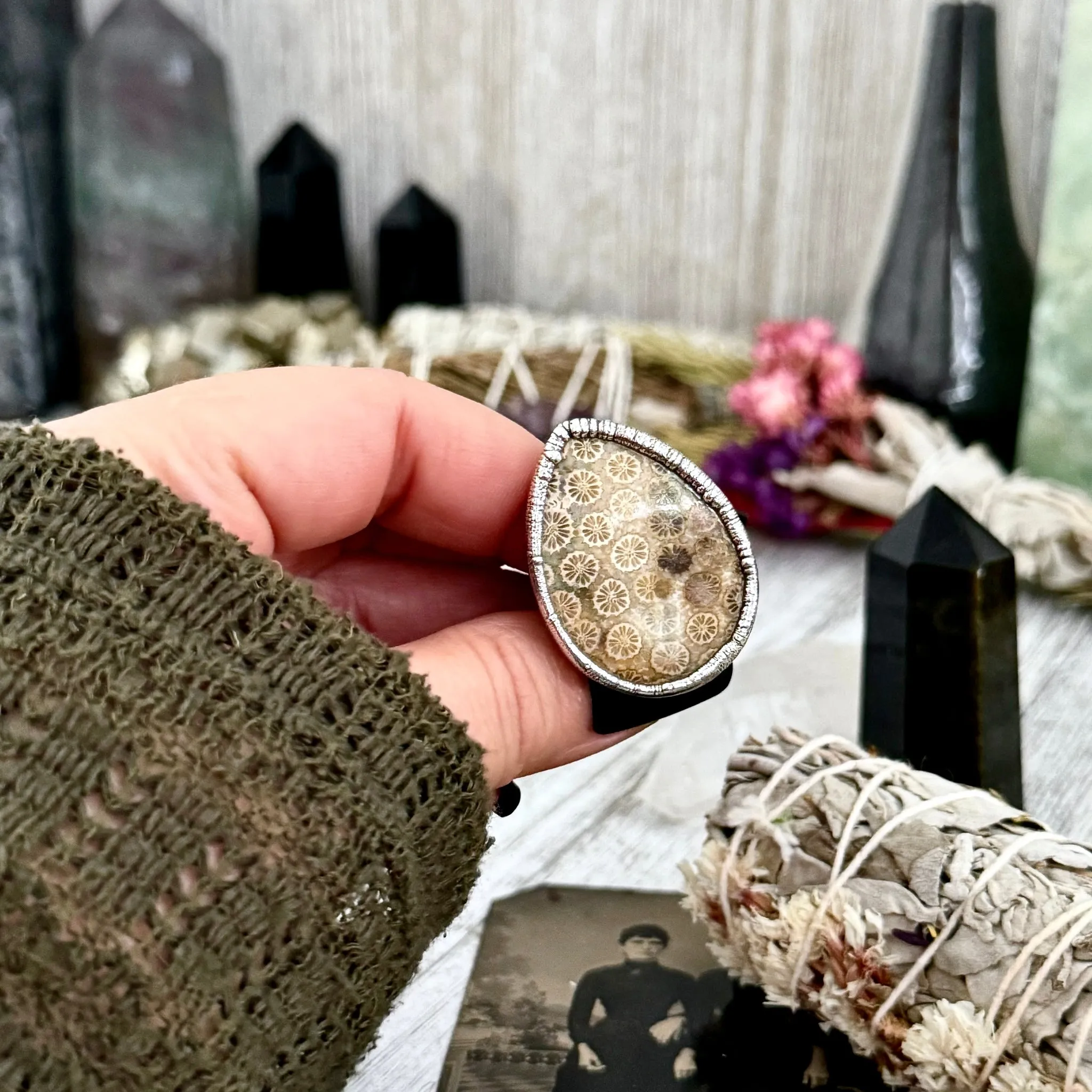 Big Fossilized Coral Ring Silver Size 7/ Foxlark Crystal Jewelry Collection