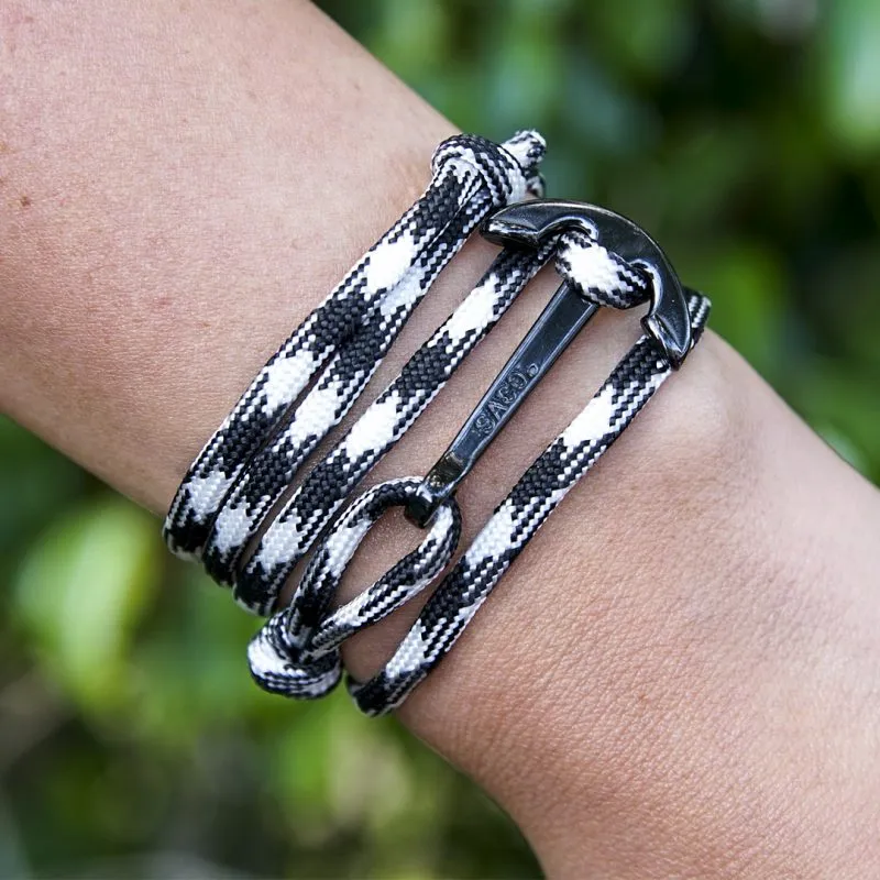 Black Anchor Wrap Bracelet | Black & White Nylon