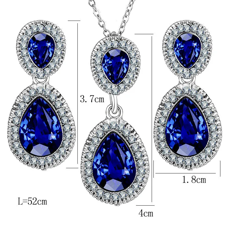 Blue Crystal Drop Pendant Necklace Earring Set