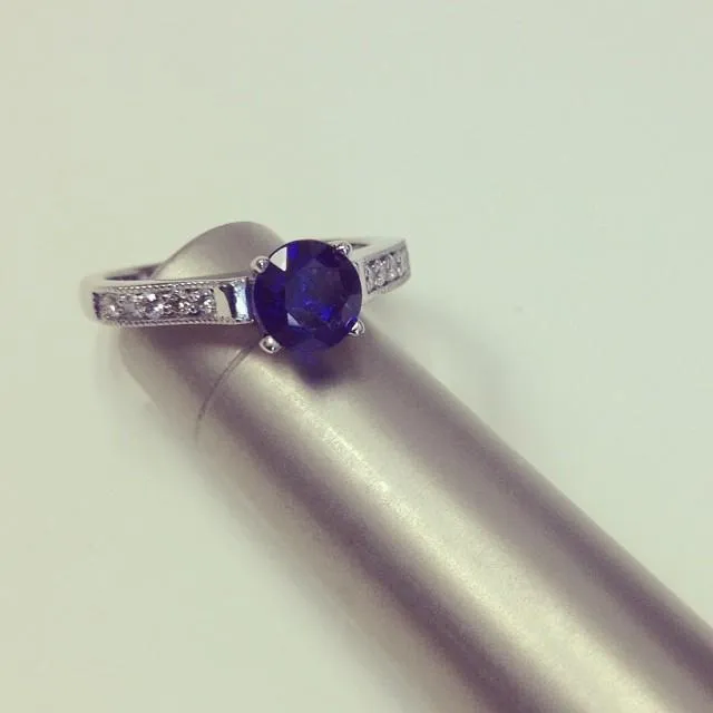 Blue Sapphire Pave Engagement Ring with Milgrain