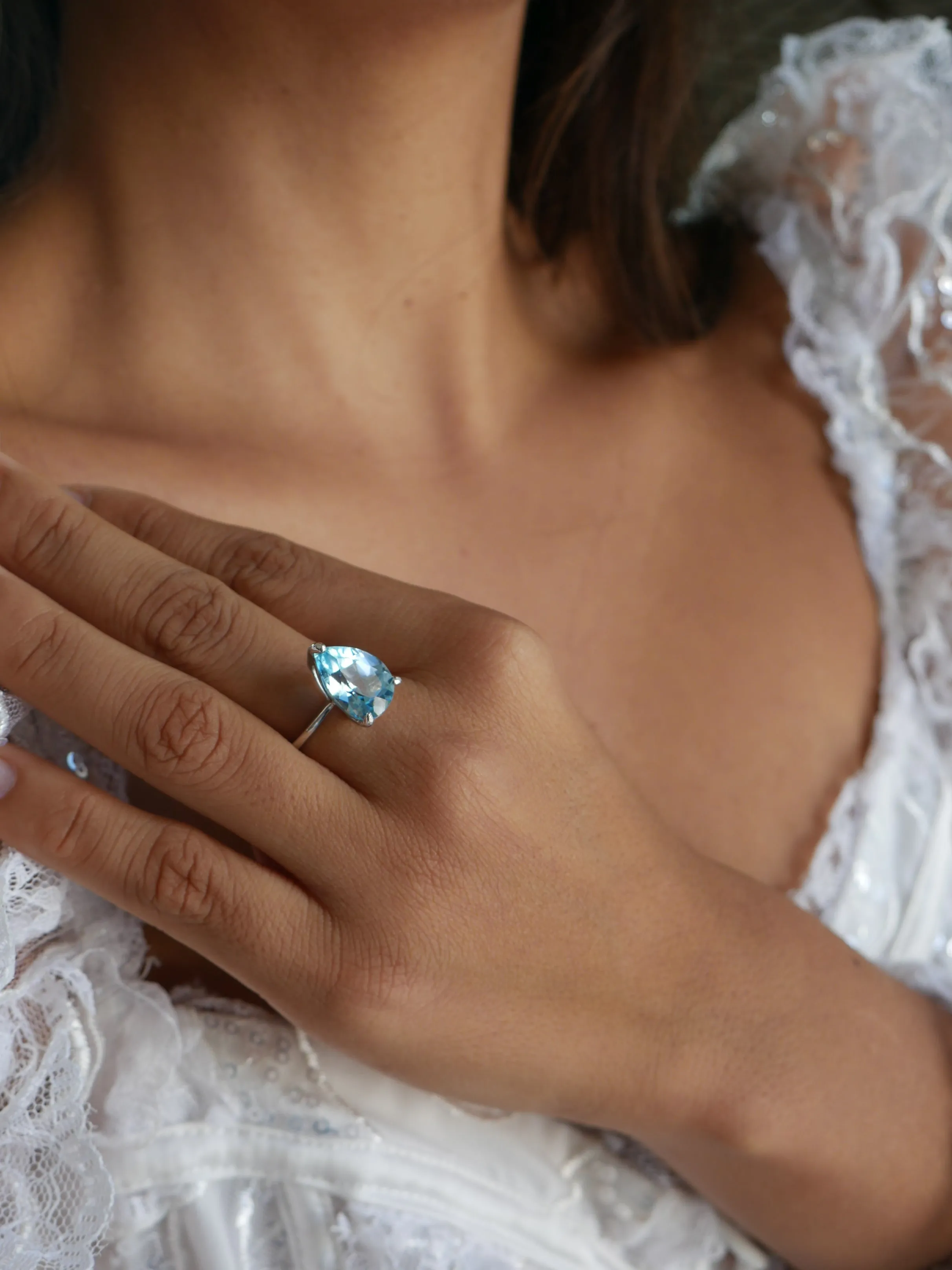 Blue Topaz Silver Ring, .925 Sterling Silver Ring Pear Shape Topaz Gemstone Water Drop Nickel Free Luxury Birthstone, Statement Ring