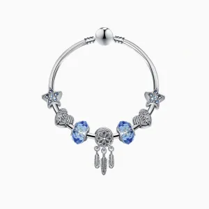 Boho Style Silver Rhinestone Charm Bangle Bracelet - Silver