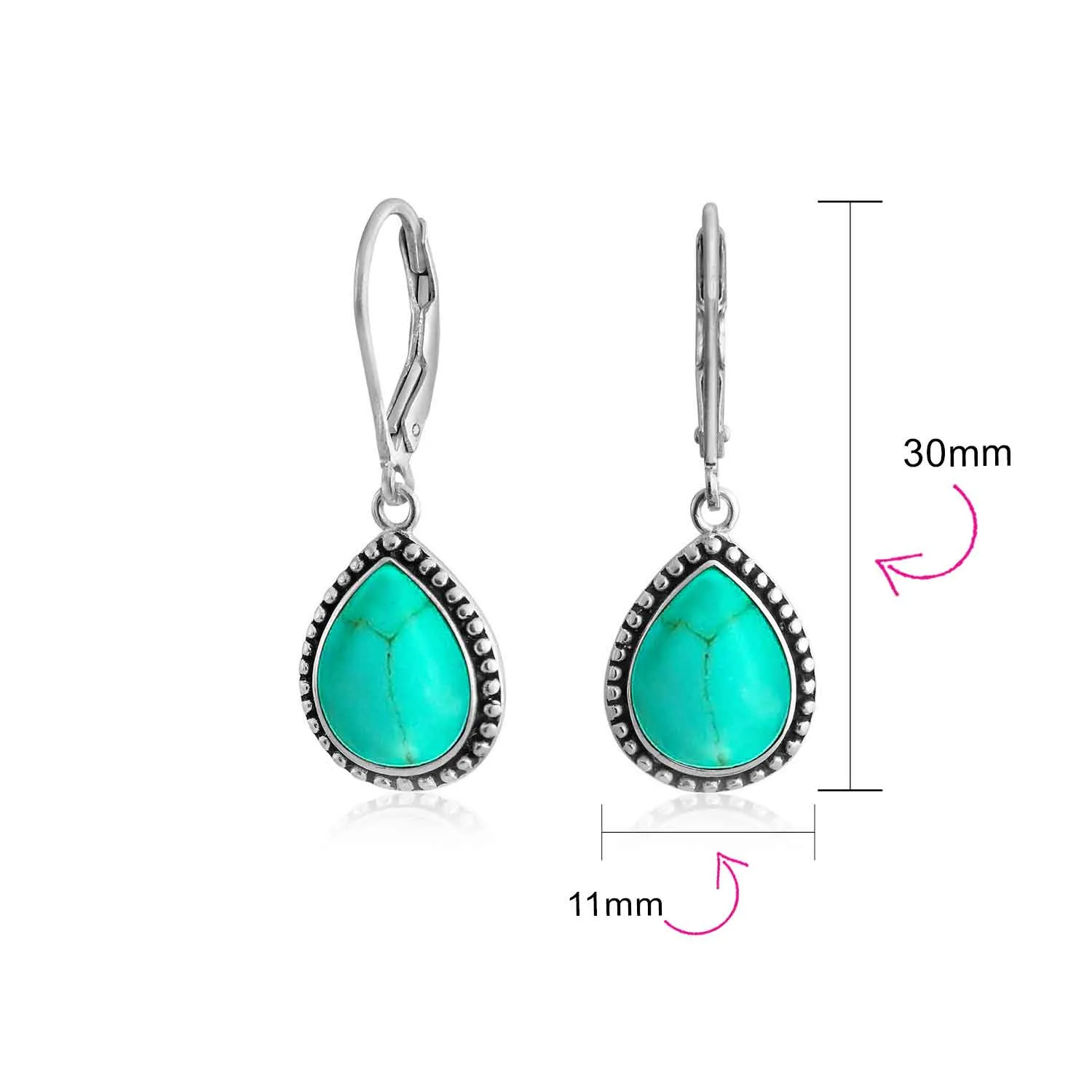 Boho Western Gemstones Milgrain Teardrop Earrings .925Sterling Silver