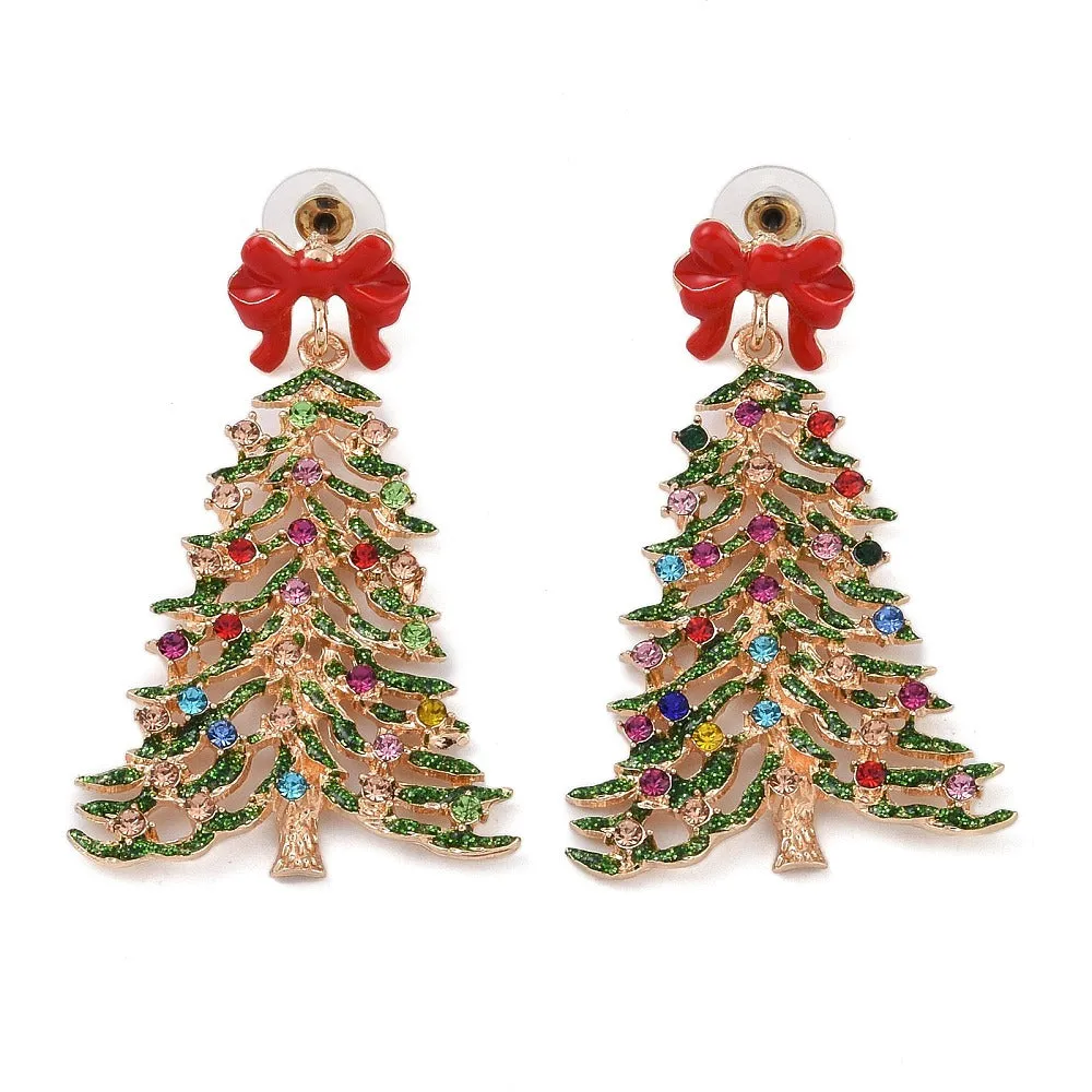 Bowknot Christmas Tree Alloy Colorful Rhinestone & Enamel Dangle Stud Earrings for Women, Light Gold Size: about 36mm wide, 59mm long.