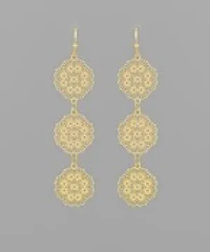 Brass 3 Flower Filigree Drop Earrings