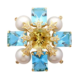 Brooch-Lemon Quartz, Blue Topaz, Pearl and Diamond