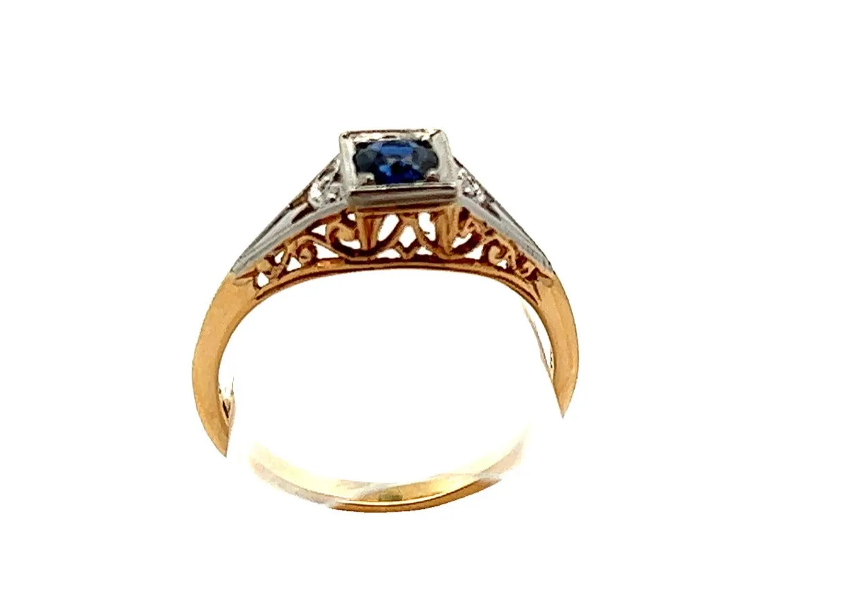 Ceylon Sapphire 18ct Yellow Gold & Platinum Ring with Filigree Head