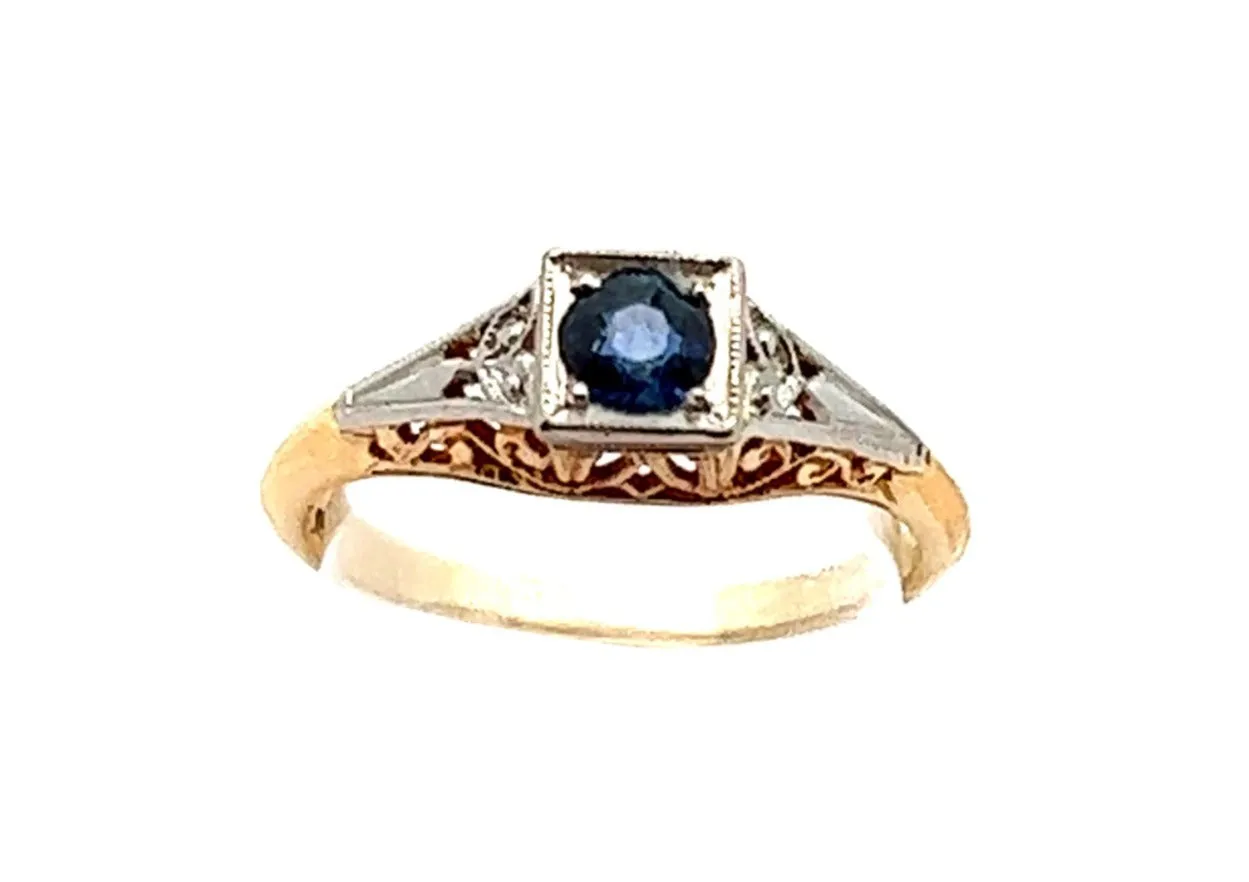 Ceylon Sapphire 18ct Yellow Gold & Platinum Ring with Filigree Head