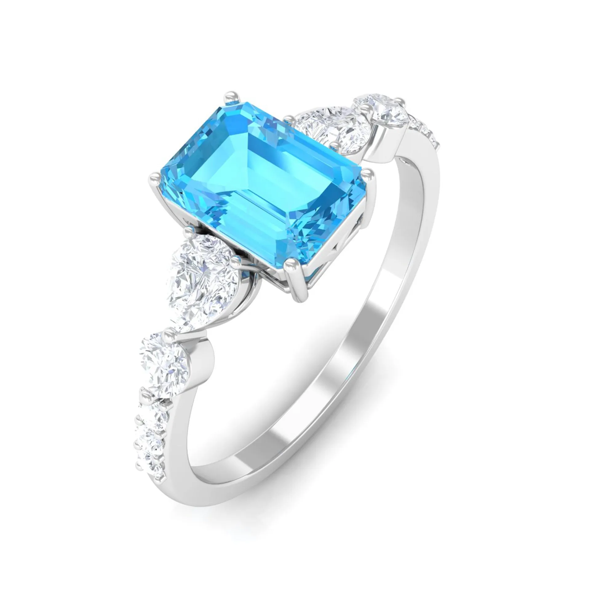 Classic Emerald Cut Swiss Blue Topaz Solitaire Engagement Ring with Moissanite