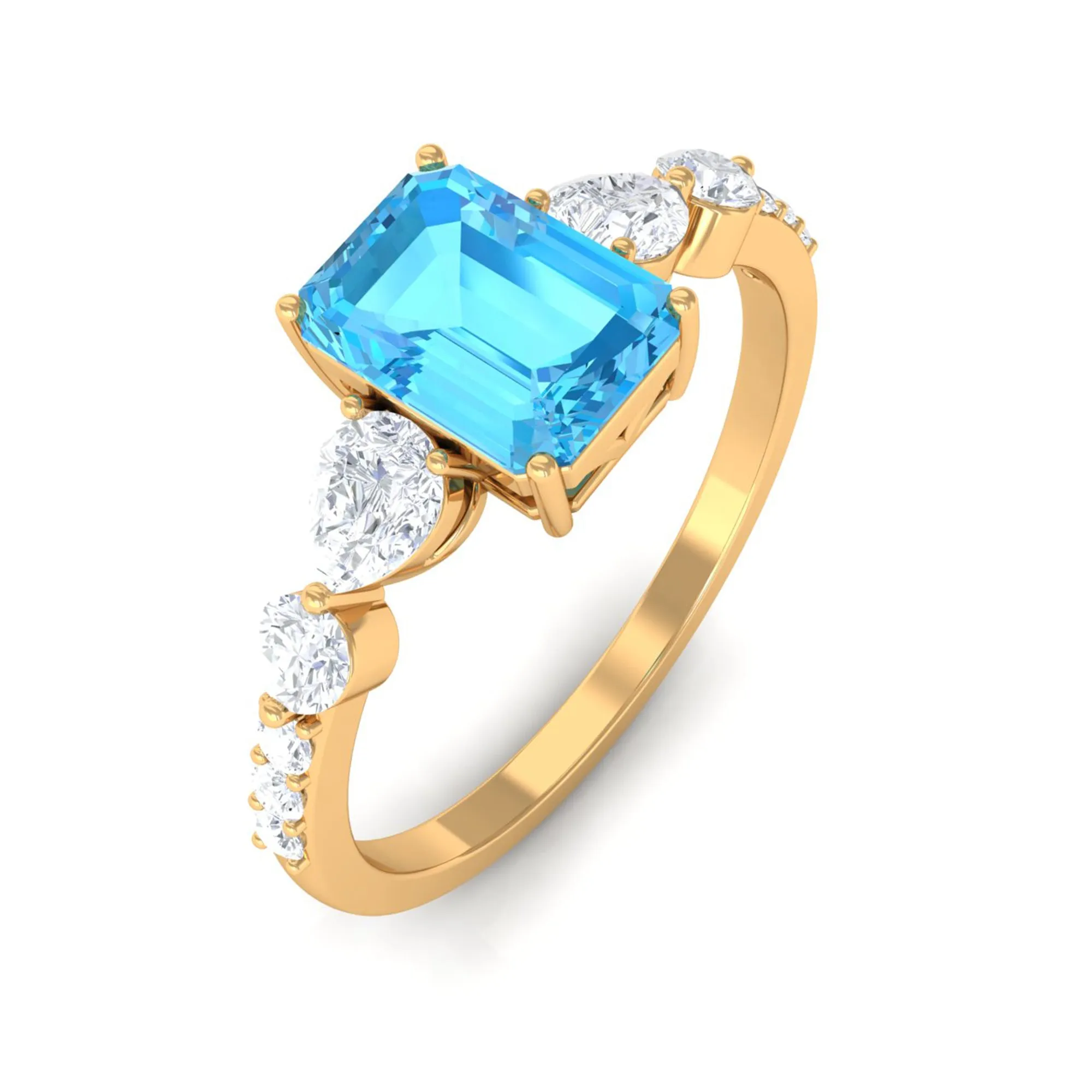 Classic Emerald Cut Swiss Blue Topaz Solitaire Engagement Ring with Moissanite